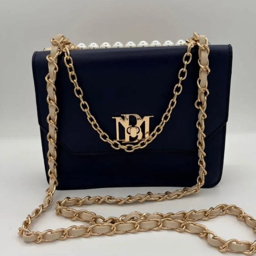 Badgley Mischka two-tone Crossbody pearls across the top W/removable hand Strap